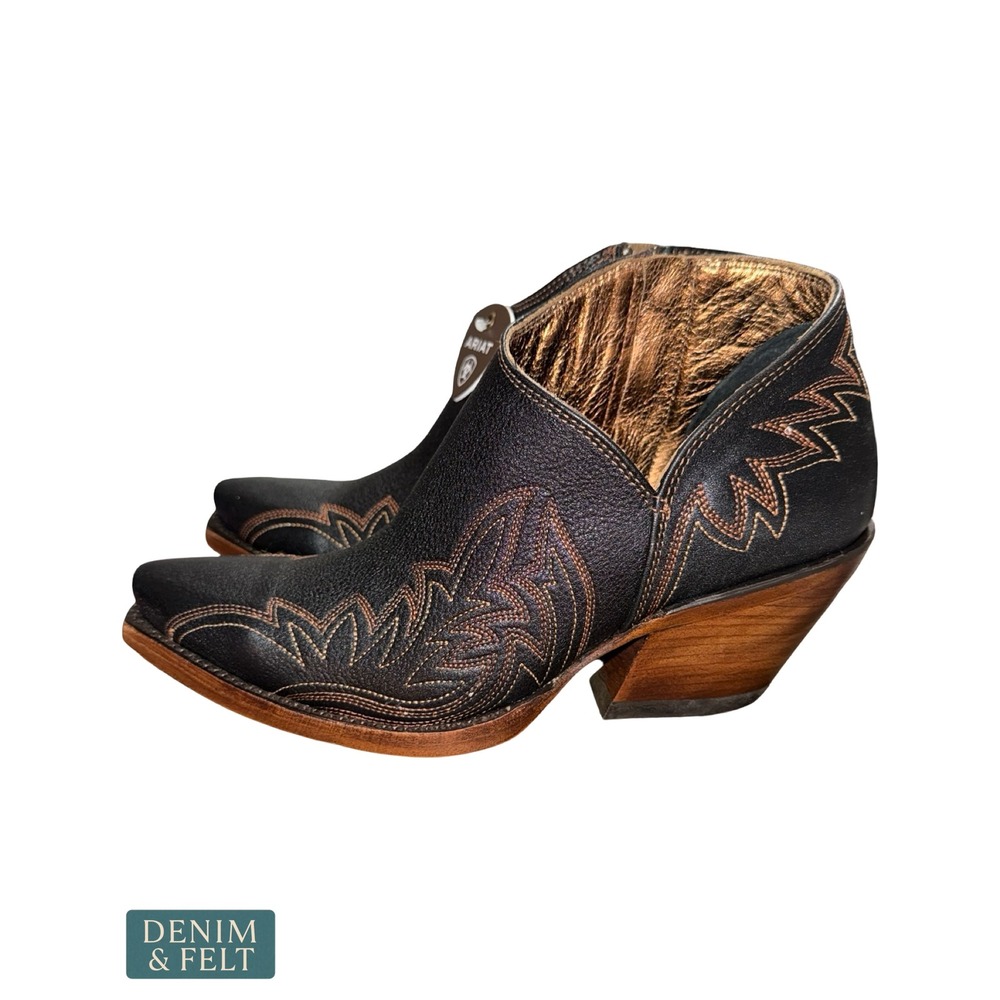 NEW Ariat Jolene Cash Black Leather Western Booties Zip Snip‎ Toe Stacked Heel - Picture 9 of 13